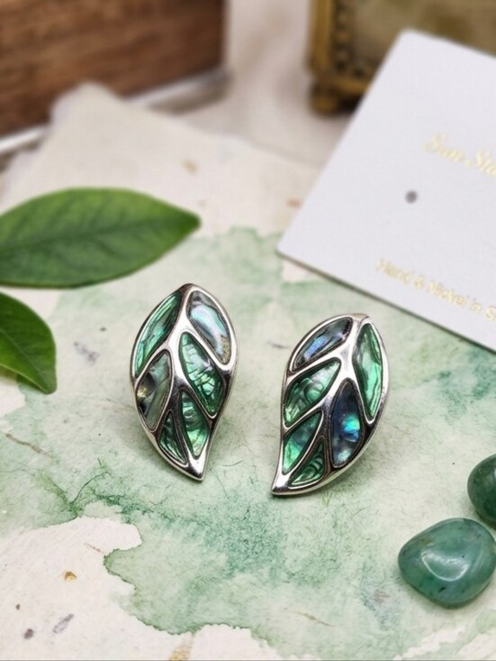 Sun Star Fashion Jewelry - Sun Star Fashion Green Abalone Leaf-Shaped Stud Earrings - Women Jewelry